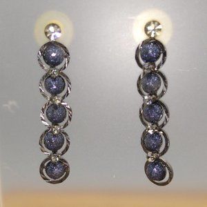 Vintage Whimsigoth Gunmetal Sparkle Earrings, Linked Rings Drop 5 Beads Long